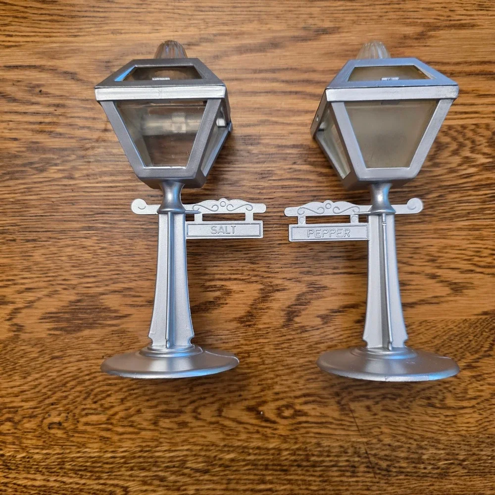 Vintage 1950s Street Lamp Salt and Pepper Shakers Silver Lantern Gas Light Set